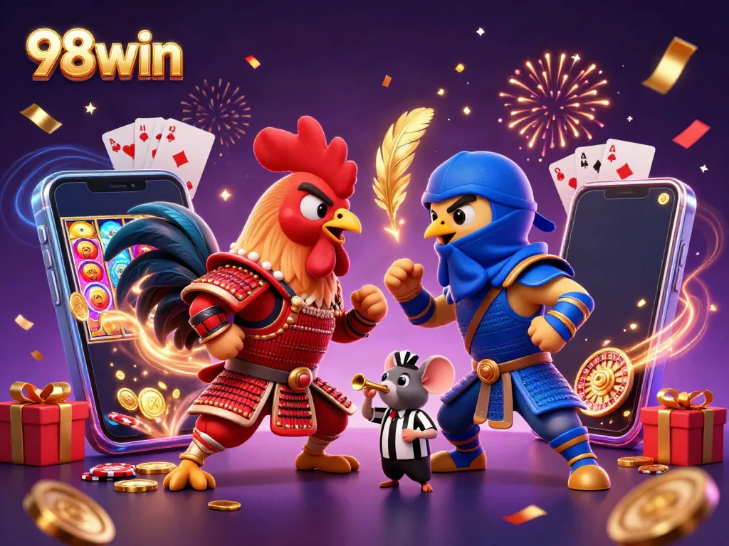 Witness the thrilling showdown of twin fighting roosters at 98win's dynamic casino backdrop!