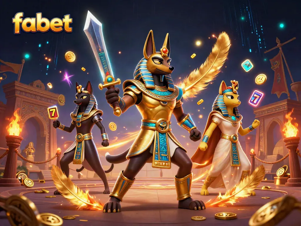 Win at fabet with thrilling slot games featuring Anubis and Bastet in a vibrant casino scene.
