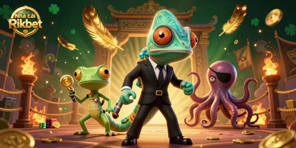Engage with Nhà cái Rikbet's animated 3D casino scene featuring dynamic characters and gambling elements.