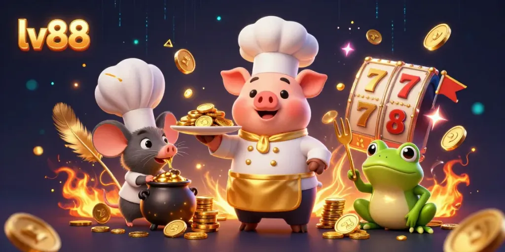Experience the thrill of lv88 with a lively scene of a chef pig serving gold coins and casino elements.