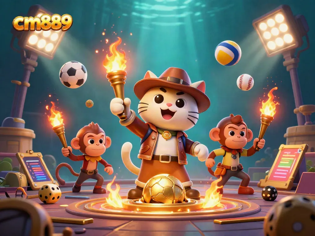 Experience the thrilling cm889 casino adventure with an explorer cat and monkey finding treasures amidst casino symbols.