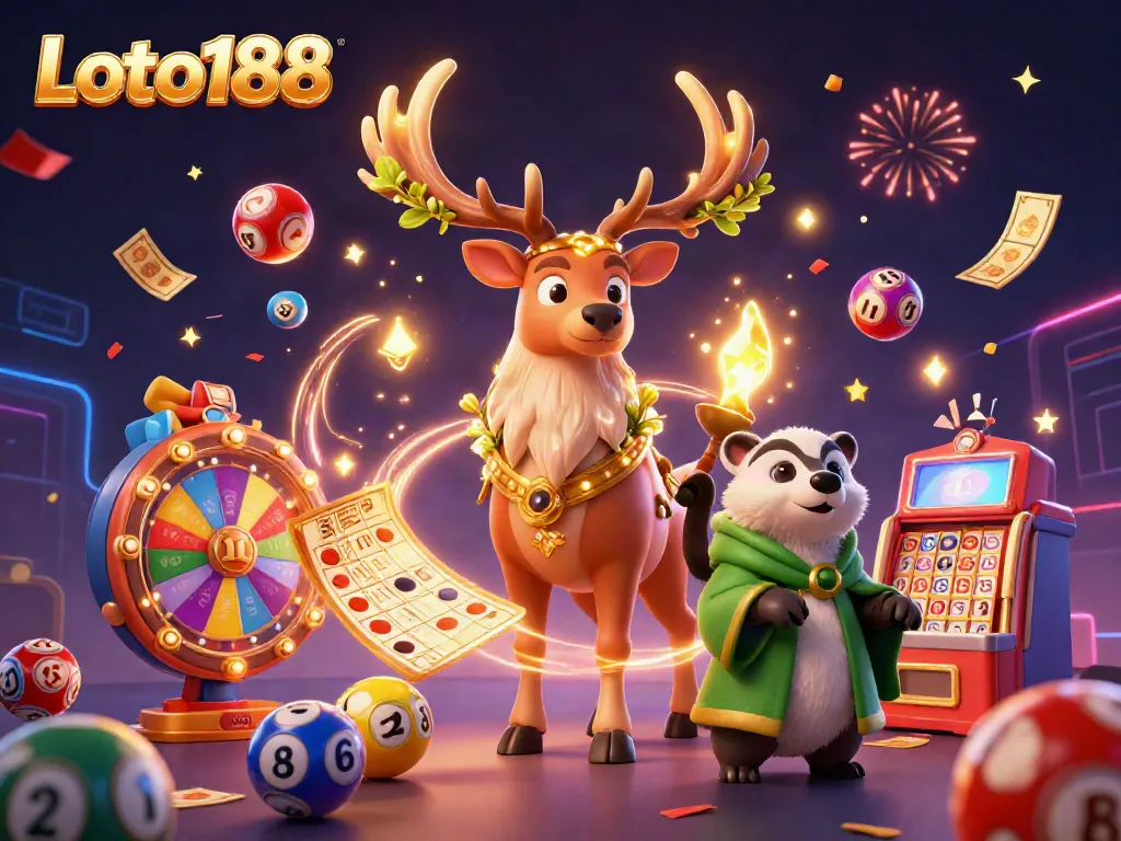 Loto188 brings excitement with dynamic lottery elements and enchanting characters in a vibrant scene.
