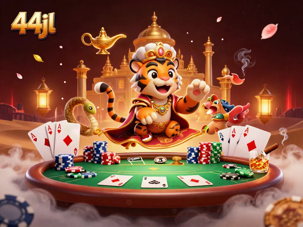 Engage in thrilling gameplay with the 44jl casino scene featuring a tiger sultan, magic lamp, and riches.