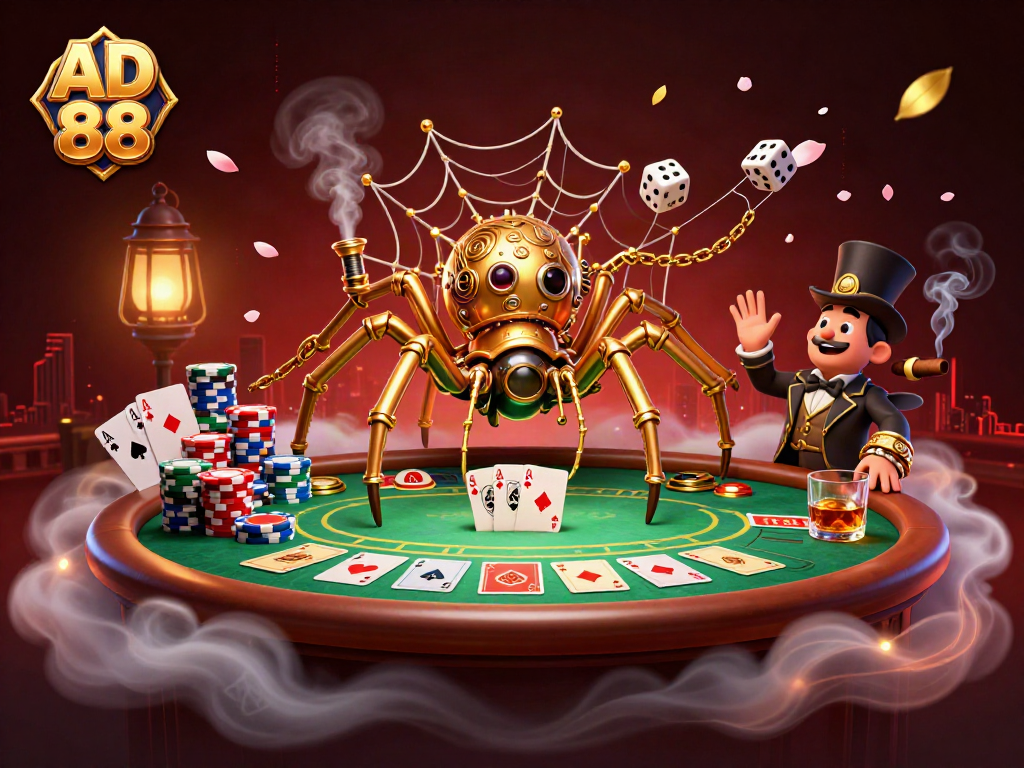 Capture the excitement at AD 88 with a steampunk spider at a vibrant poker scene.