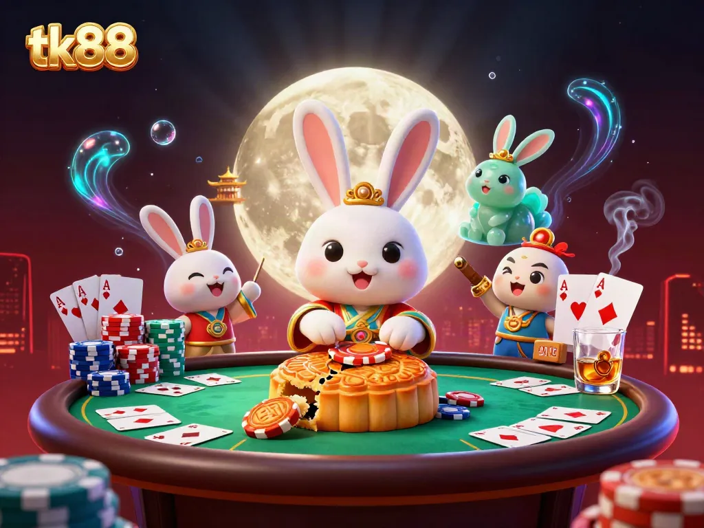 Experience the excitement of gambling with tk88 as whimsical moon characters unveil poker chips.