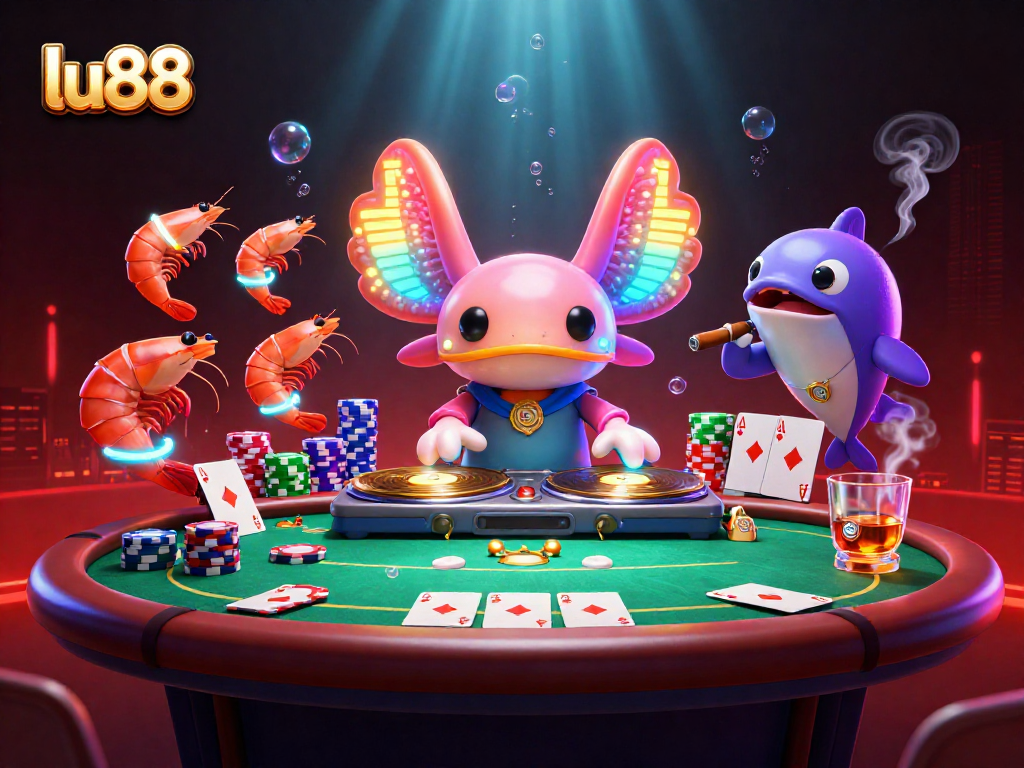 Experience the vibrant atmosphere of lu88's underwater casino with lively characters and poker elements.