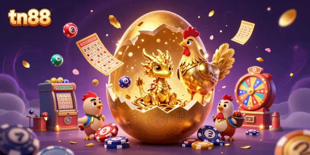 Experience excitement with tn88 as a golden dragon and armored hen guard a treasure of poker chips.