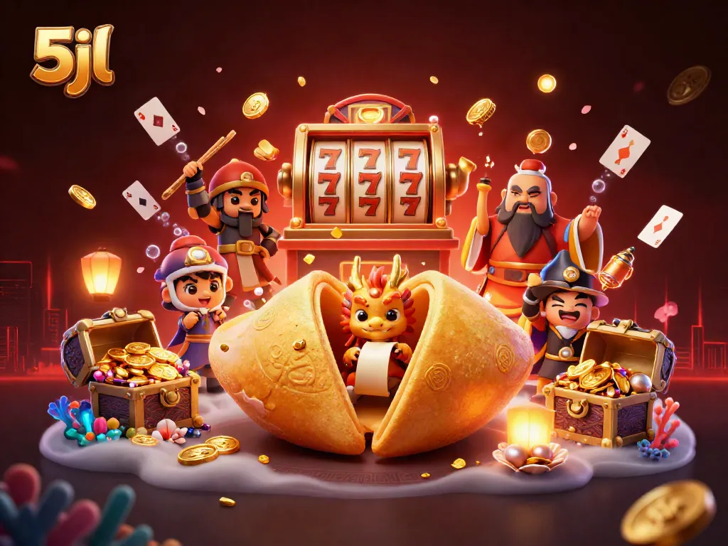 Engage in top 5jl casino action with a vibrant scene of a golden fortune cookie and slot elements.