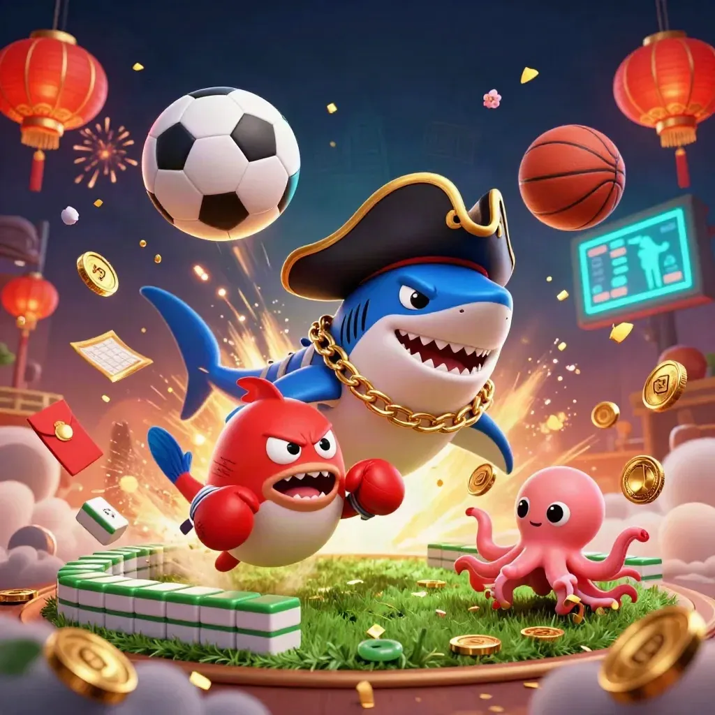 Pirate shark, pufferfish, and baby octopus amid coins, lanterns, and flying sports balls.