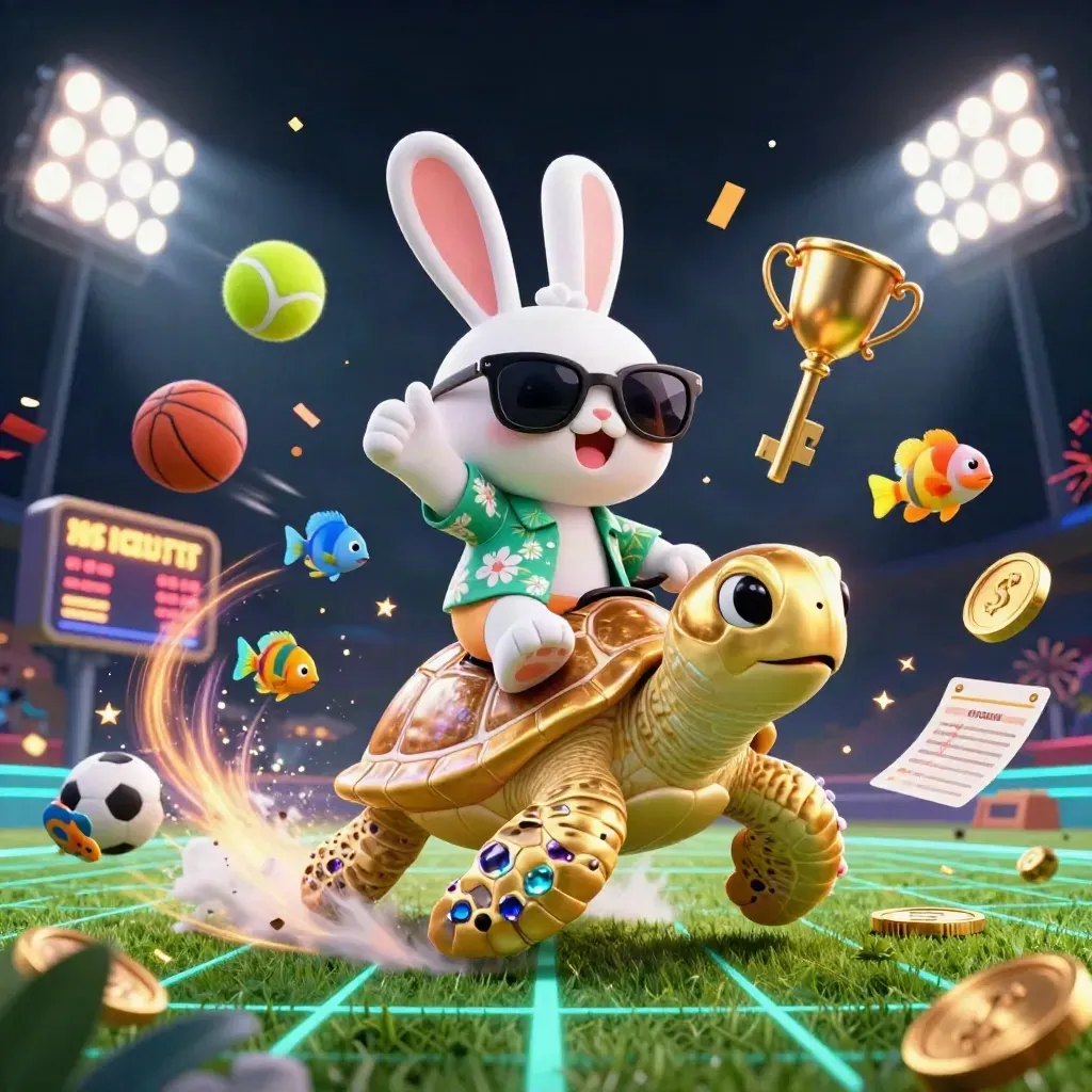 Lucky rabbit on a golden sea turtle amid flying balls, coins, lights, and casino-style effects.