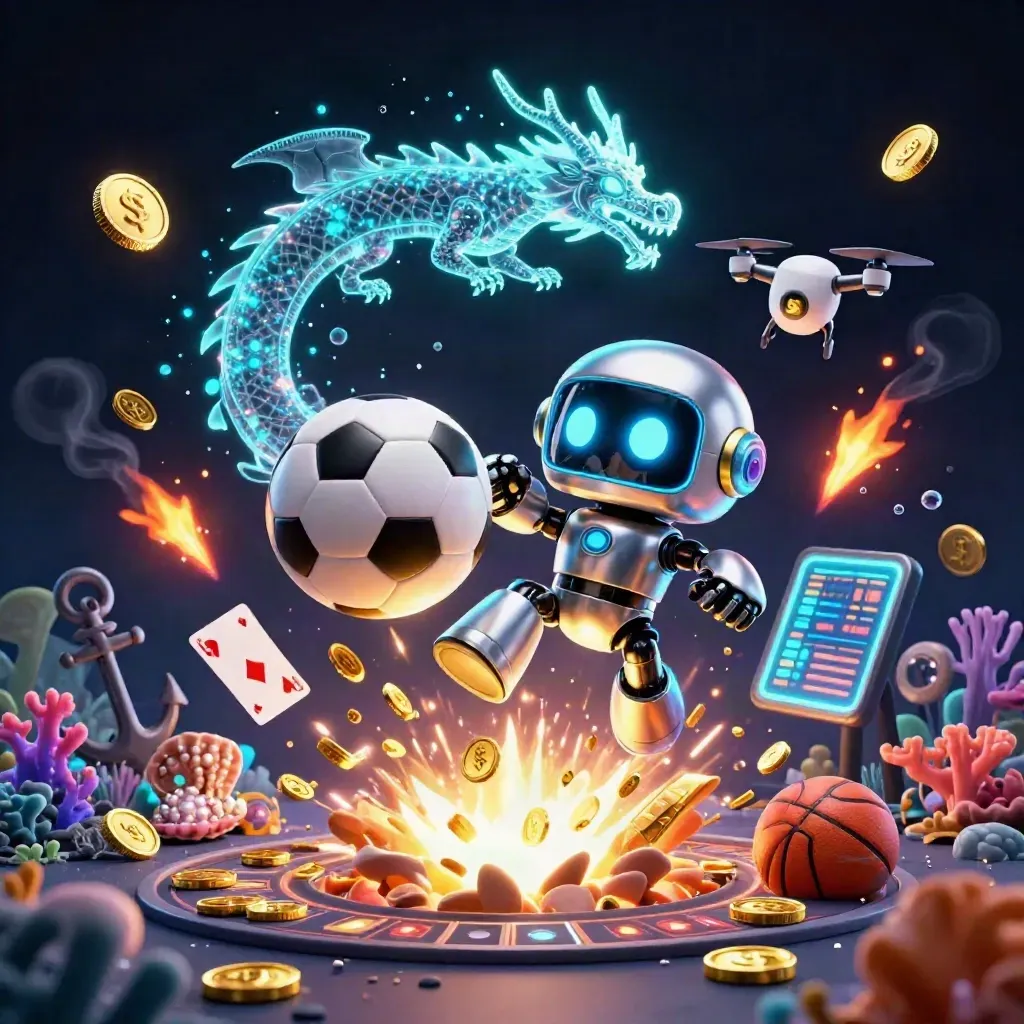 Cyberpunk robot, hologram dragon and drone amid gold coins, coral and sports gear underwater.