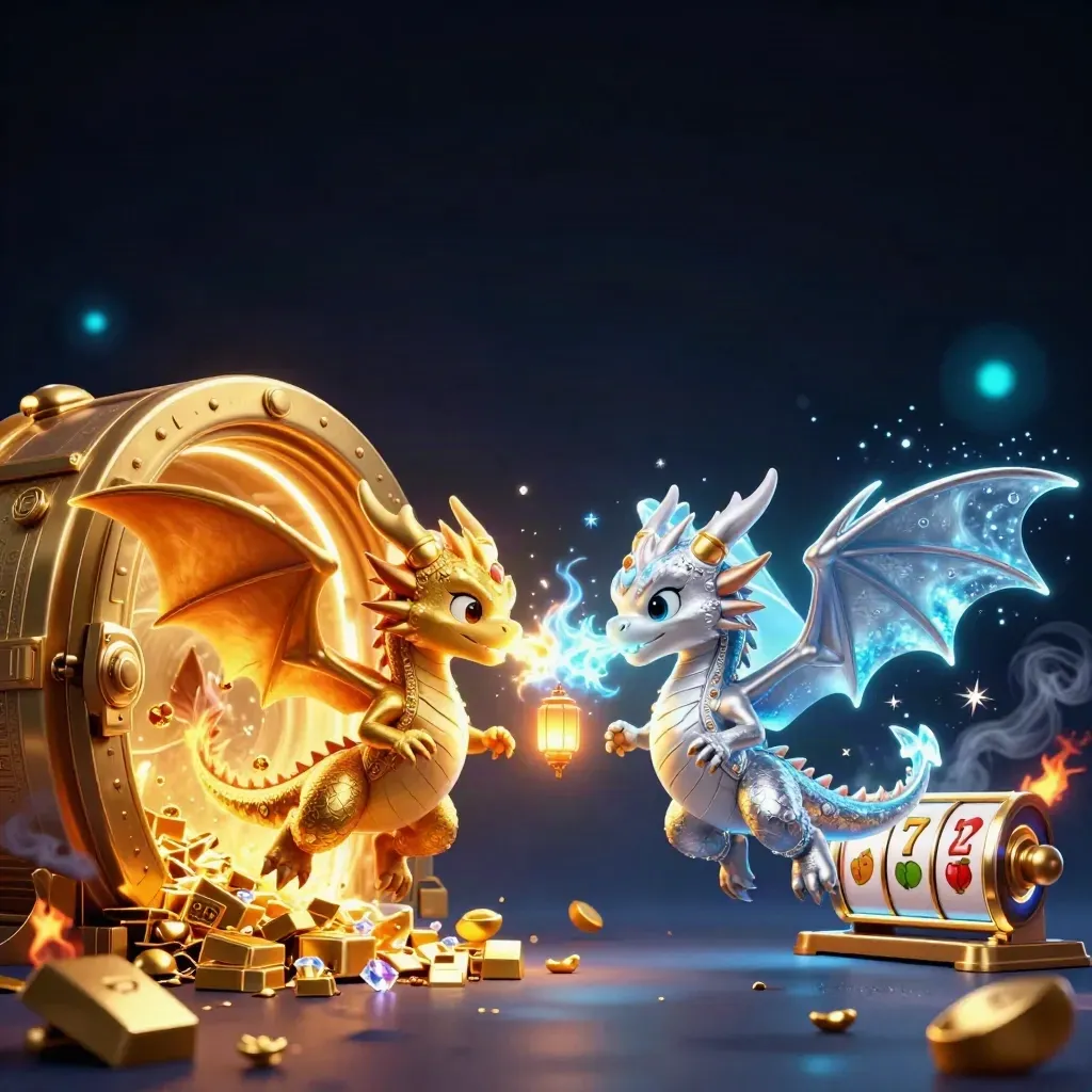 Twin gold and silver dragons clash with treasure burst, glowing vault, and casino symbols in a dark neon scene.