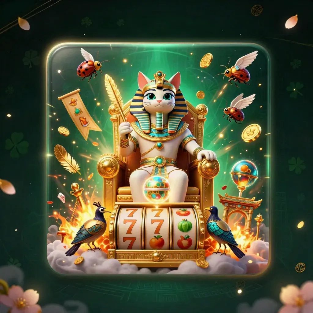 Pharaoh cat, ibis scribe, and gem-wing scarabs on a golden throne amid reels, coins, and temple glow.