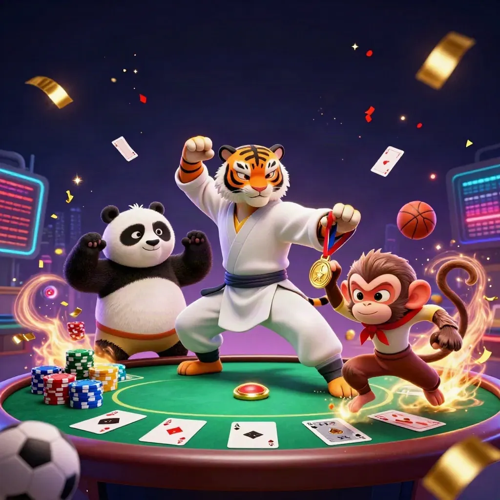 Kung-fu tiger, panda, and monkey amid poker chips, cards, sports balls, and neon casino sparks.