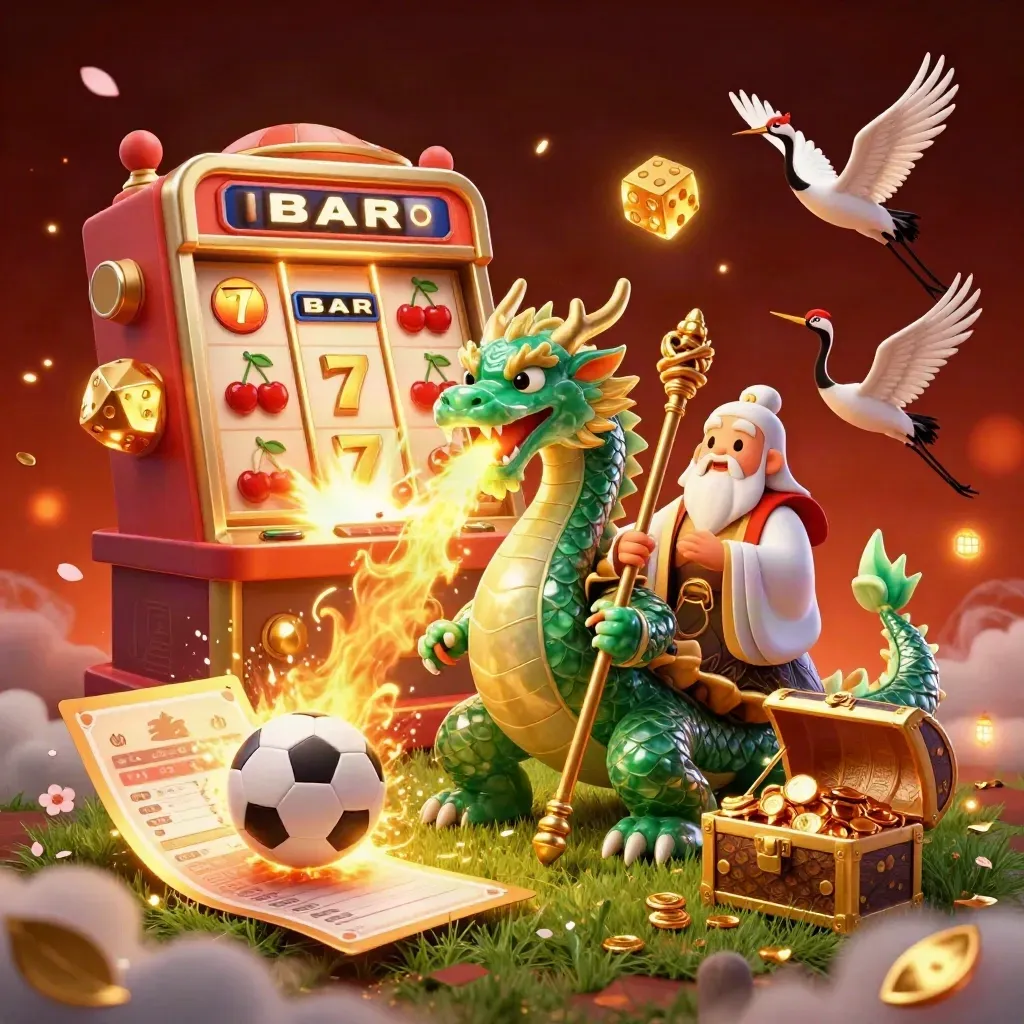 Jade dragon, turtle sage, and cranes amid slot bursts, sports balls, gold fire, and ember glow.