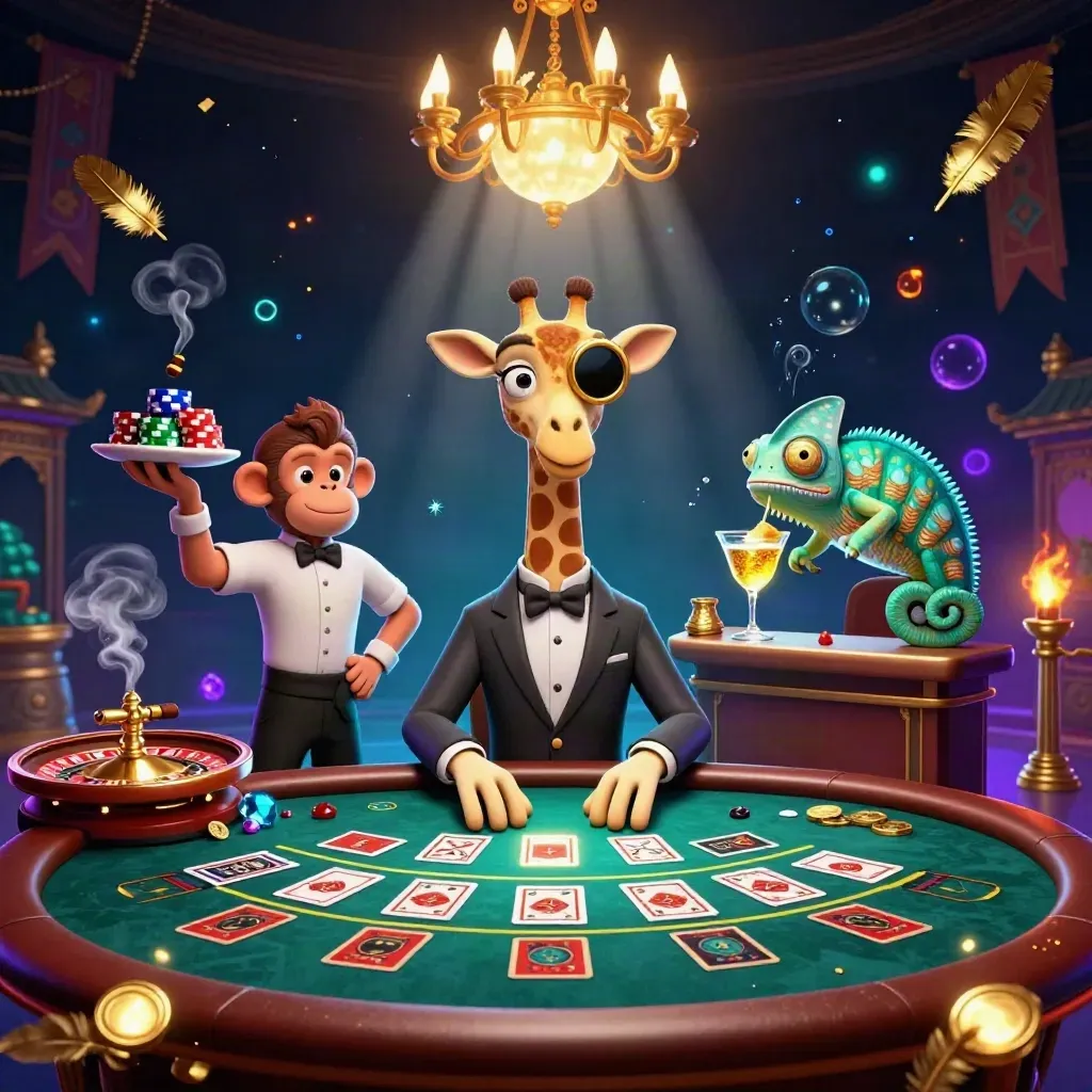 Giraffe, monkey, and chameleon in a luxe casino scene with glowing gold accents.