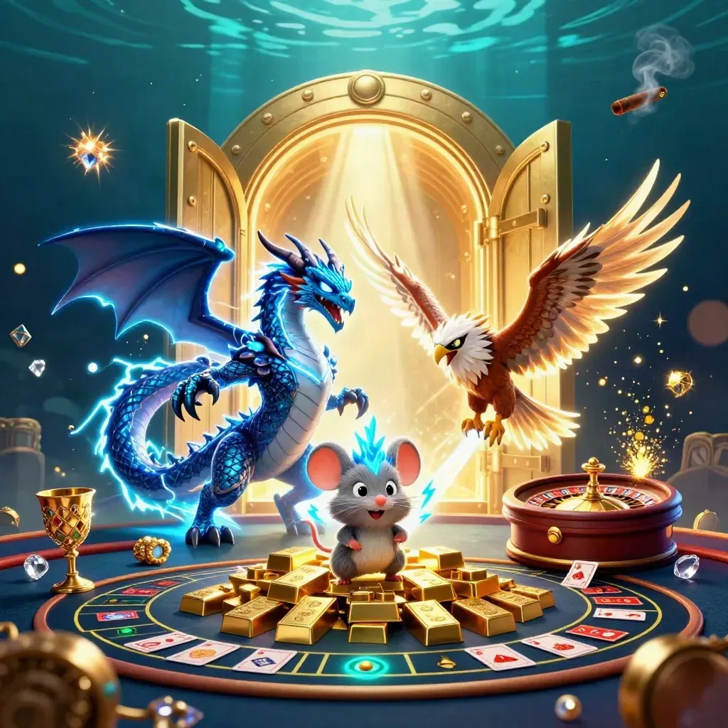 Thunder dragon, wind hawk, and static mouse around a glowing vault in a teal-gold casino.