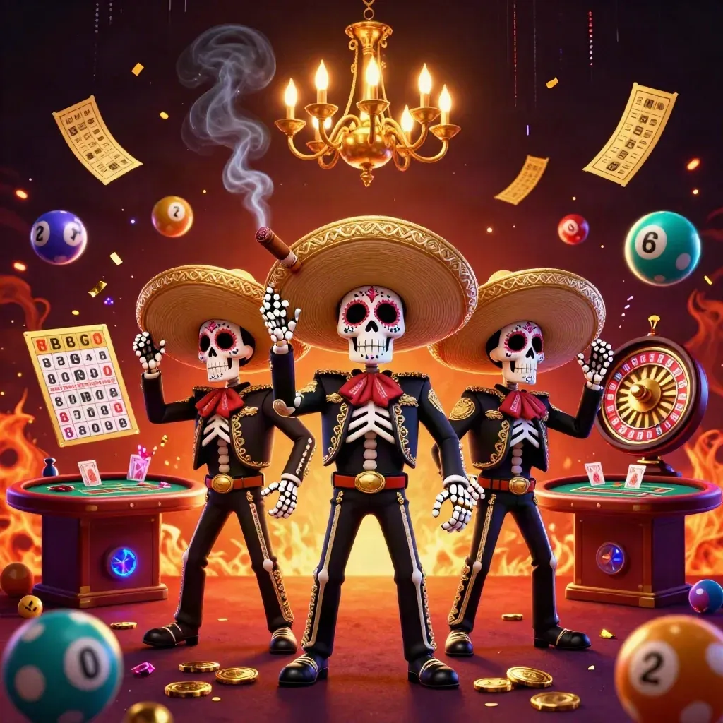Skeleton mariachi trio amid casino props, neon sparks, ember glow and gold shimmer.