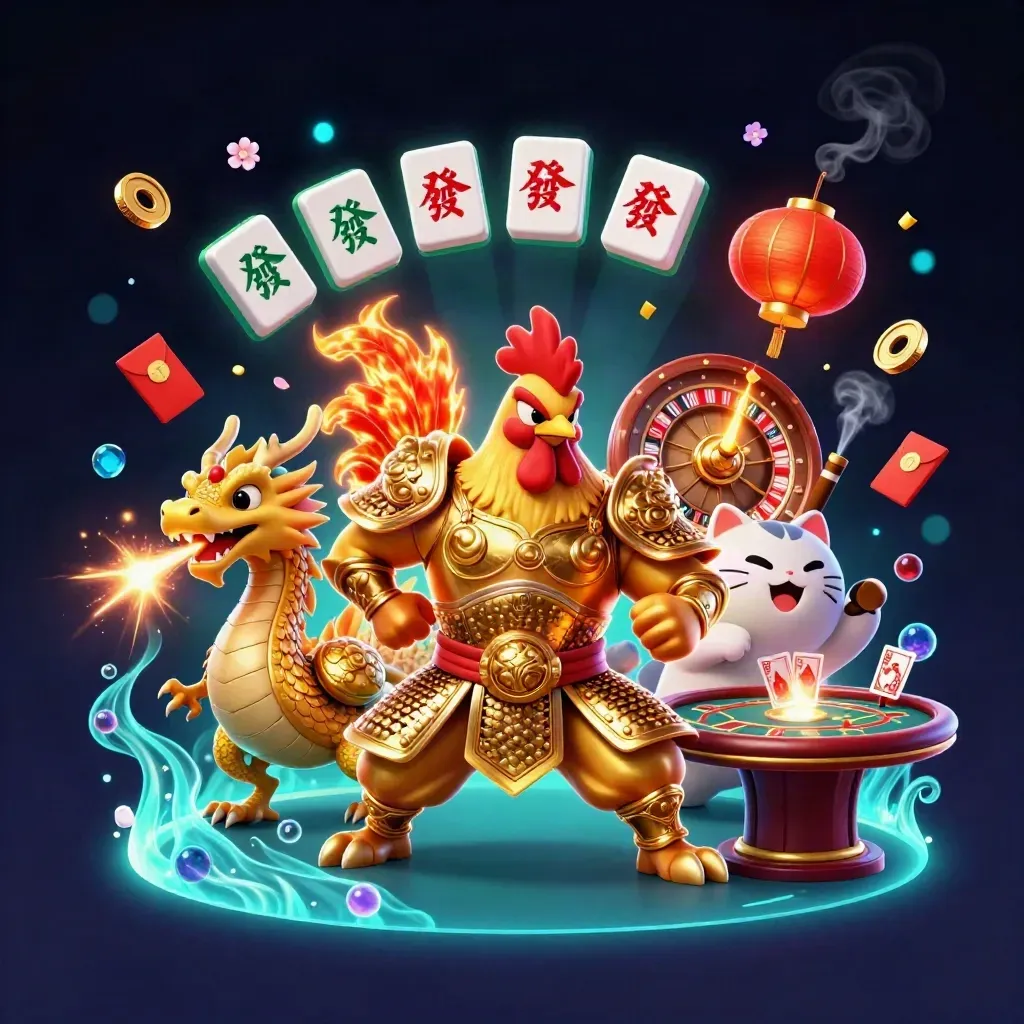 Rooster warrior, dragon hatchling, and fortune-cat amid casino glow, coins, lanterns, and fireworks.