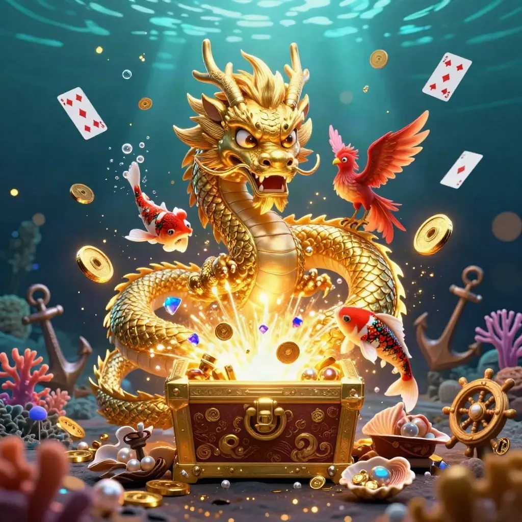 Golden dragon, phoenix, and koi erupt from an underwater treasure cove with coins, coral, and gems.