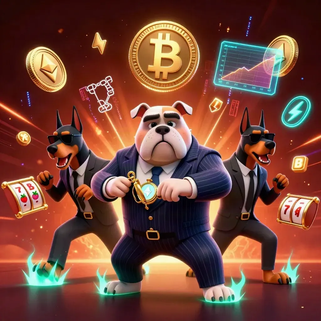 Mobster bulldog and two Dobermans amid teal coins, lightning, reels, and ember glow