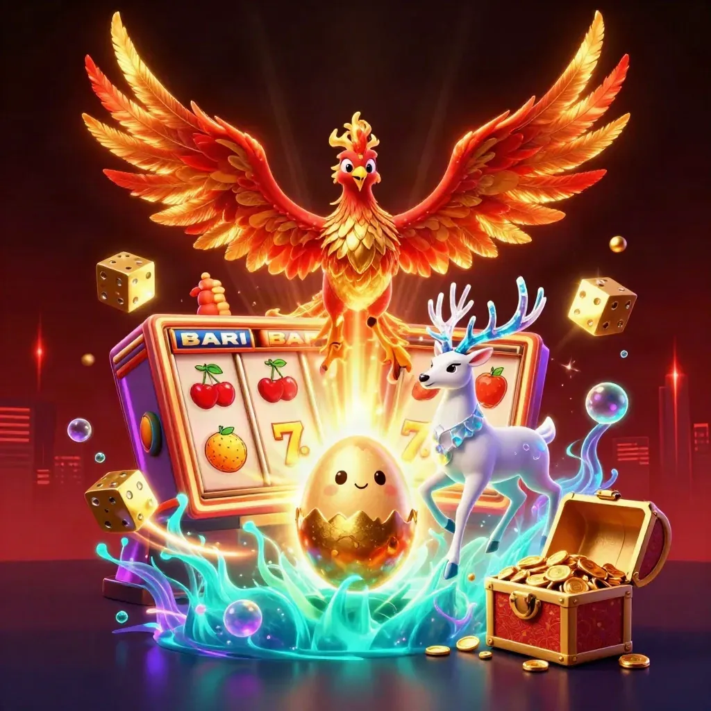 Fire phoenix, hatching egg, crystal stag, slot burst, gold, teal glow