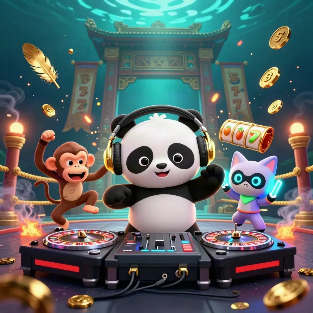 DJ panda, monkey, and glow-stick kitten in a neon underwater casino scene with coins and reels