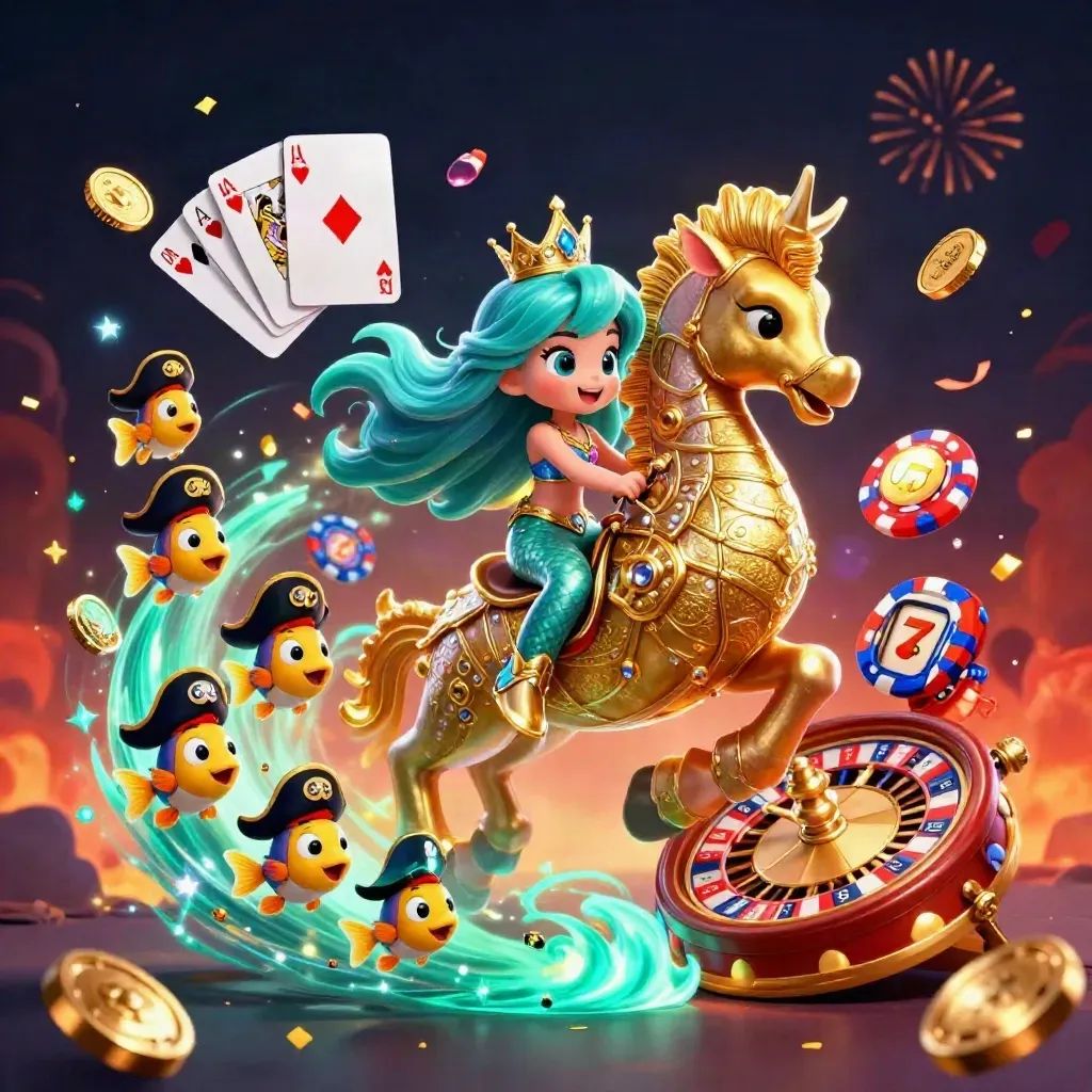 Mermaid princess on armored seahorse amid coins, gems, cards, chips, roulette, and glowing teal magic.