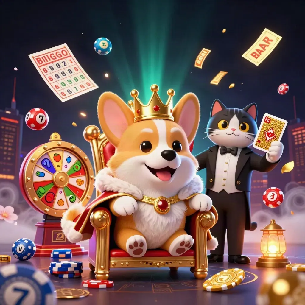 Royal corgi and cat butler amid casino loot, wheels, balls, runes, and glowing gold accents.