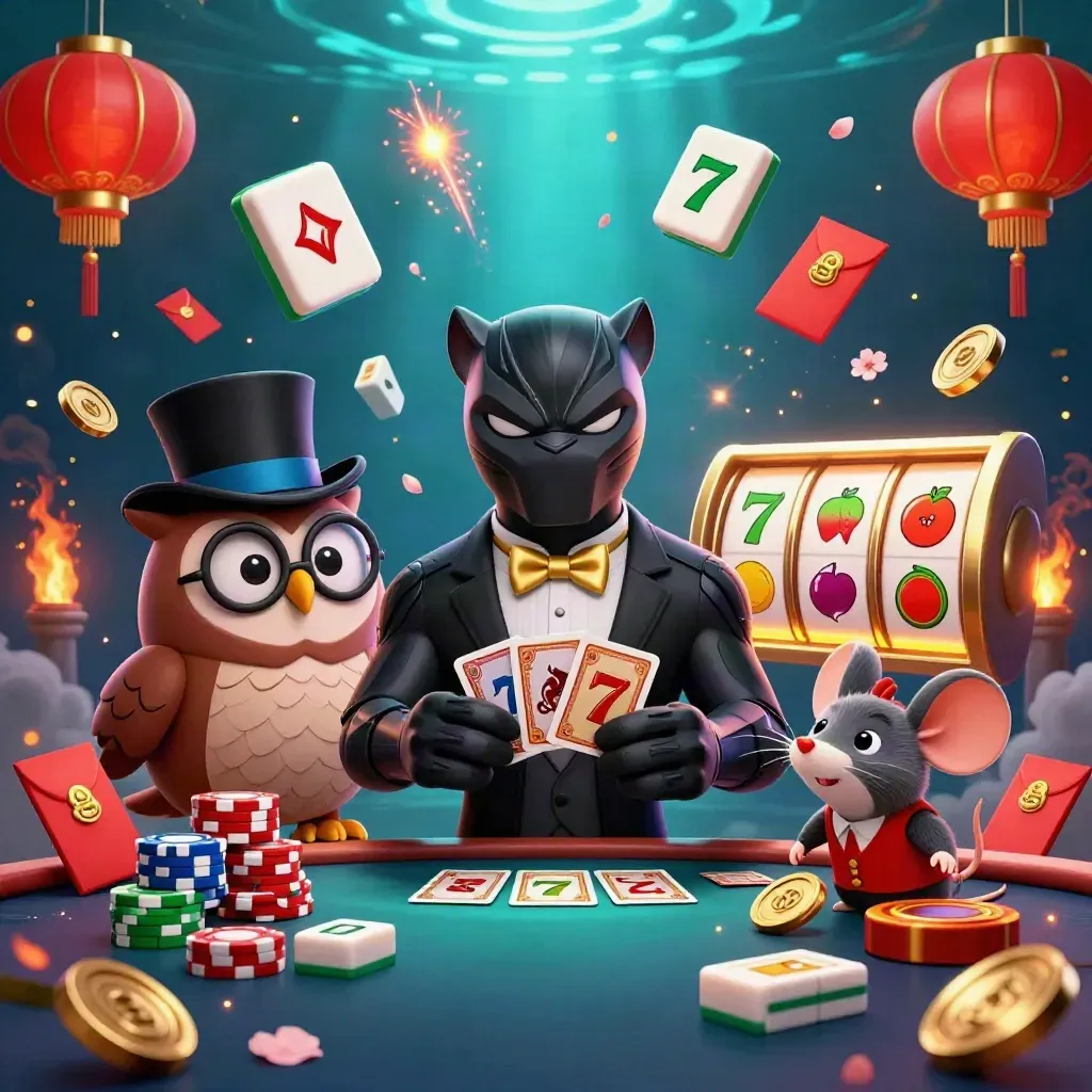 Black panther, owl, and mouse amid coins, lanterns, fireworks, and glowing casino treasure.