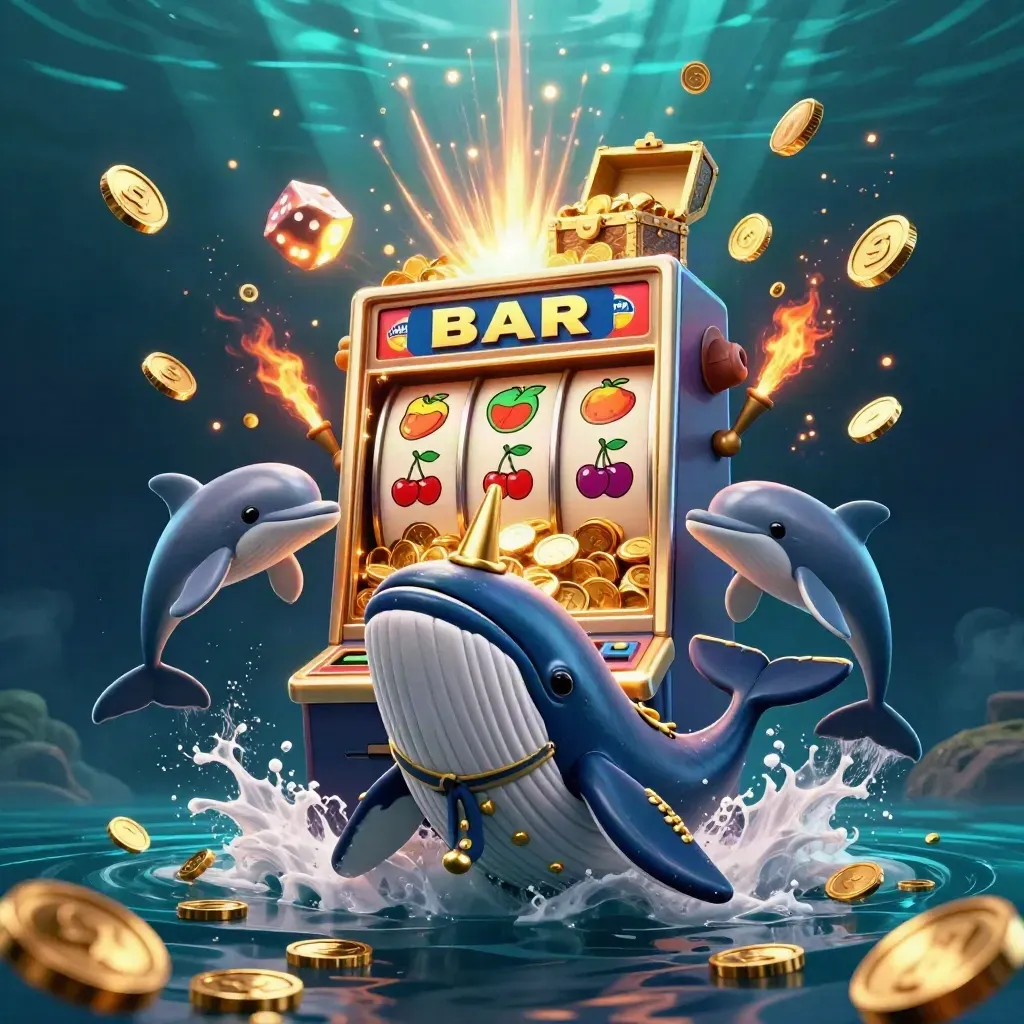 Whale captain, narwhal, and dolphins burst from coins beside a jackpot slot machine.