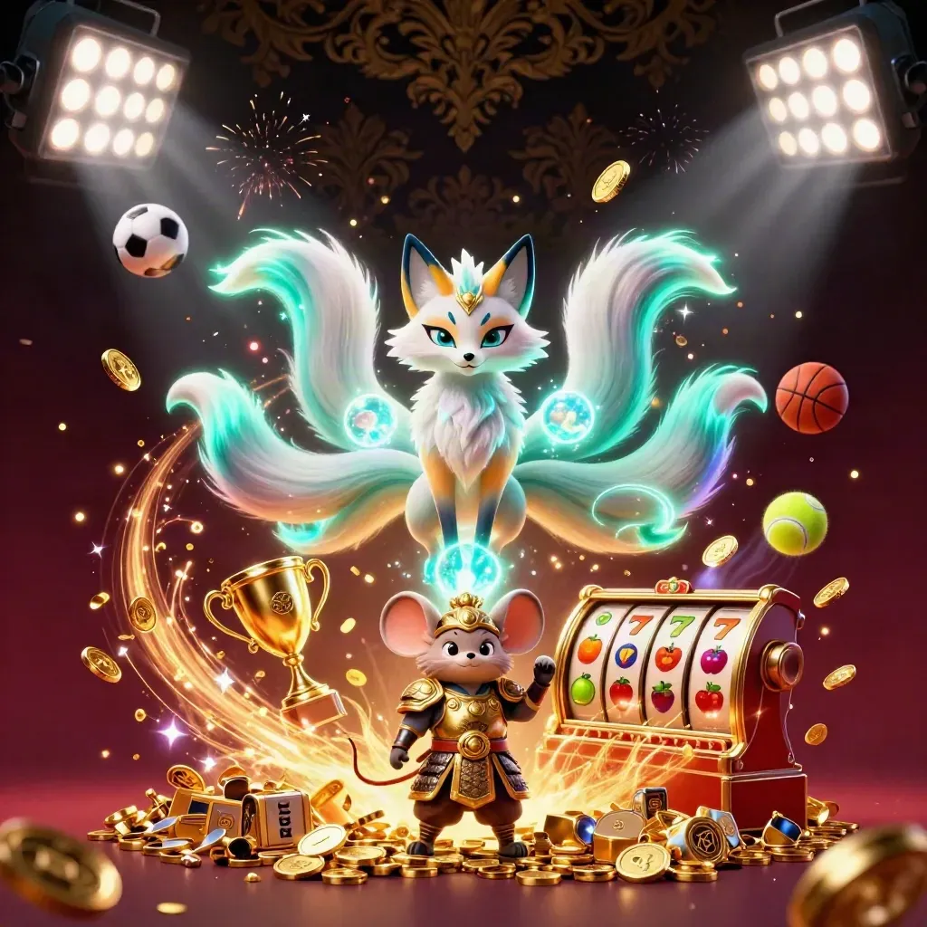 Fox spirit, armored mouse, coins, trophies and fireworks in a casino burst.