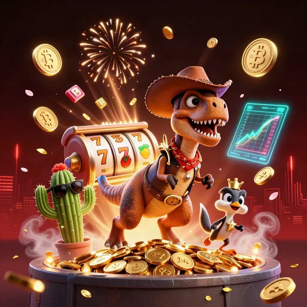 Cowboy T-Rex, cactus sidekick, and roadrunner amid coins, reels, lightning, and fireworks.