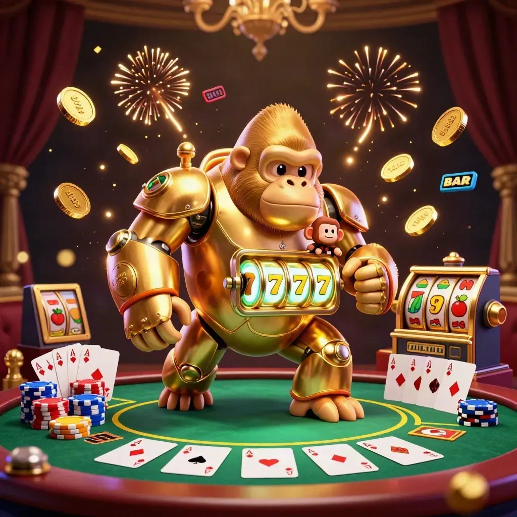 Golden gorilla slot mech with monkey pilot bursts through coins and poker chips in luxe casino glow