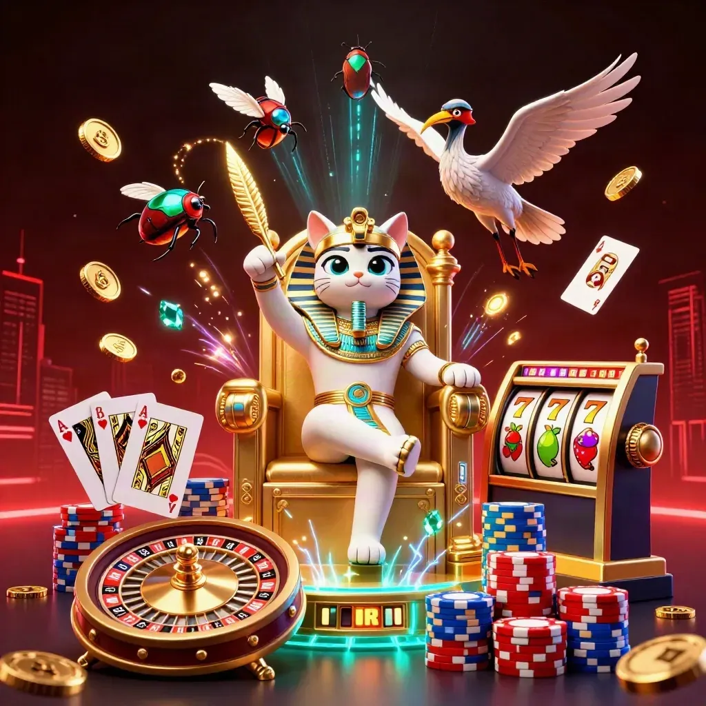 Pharaoh cat, ibis scribe, and gem-winged scarabs amid casino gold, teal sparks, and spinning reels