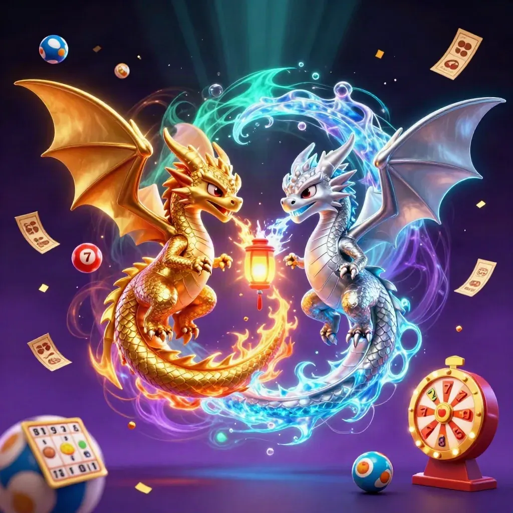 Gold and silver dragons spiral with fire and ice amid casino tokens and glowing purple magic.