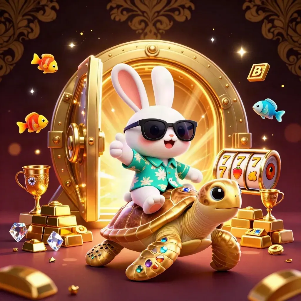 Rabbit in sunglasses rides a golden turtle amid casino gold, gems, reels, and glowing treasure light