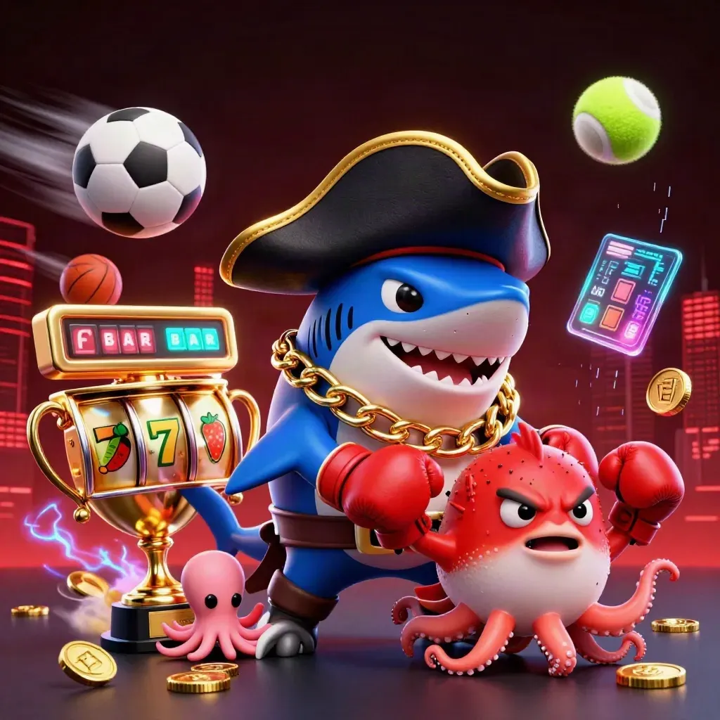 Shark pirate, boxing pufferfish, and coin-juggling octopus amid casino loot and neon energy
