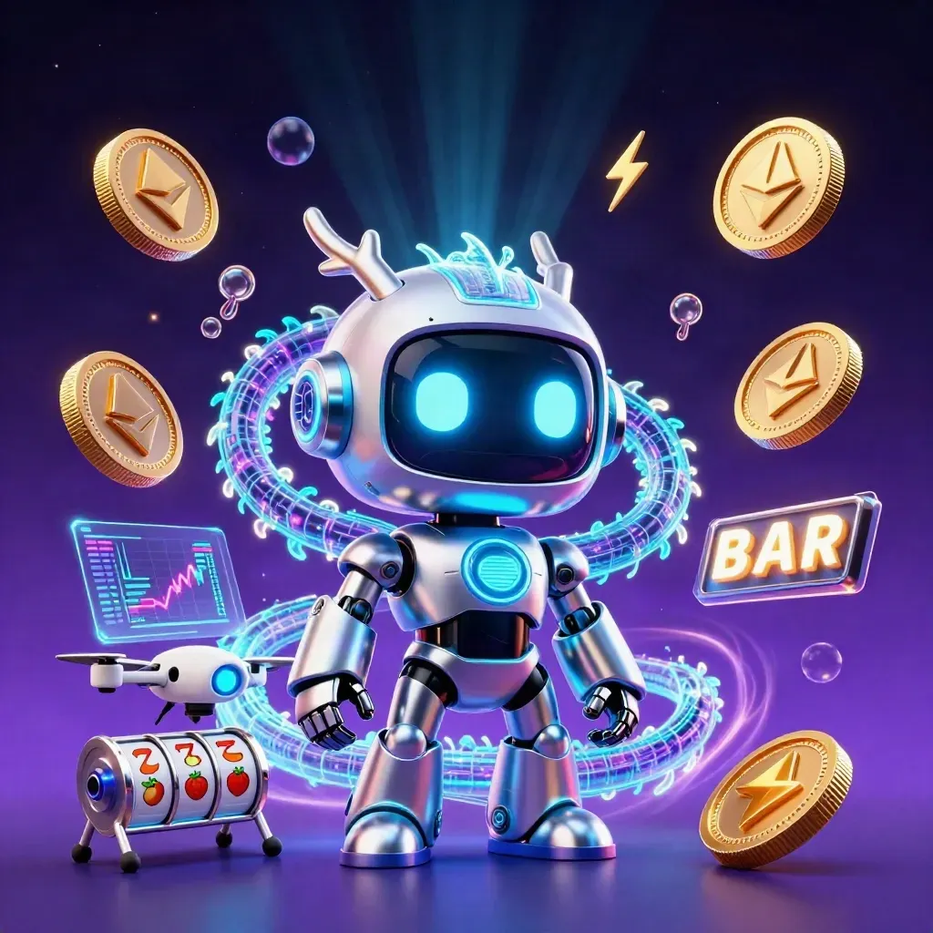 Cyberpunk robot, holographic dragon and coin drone amid casino coins and neon energy.