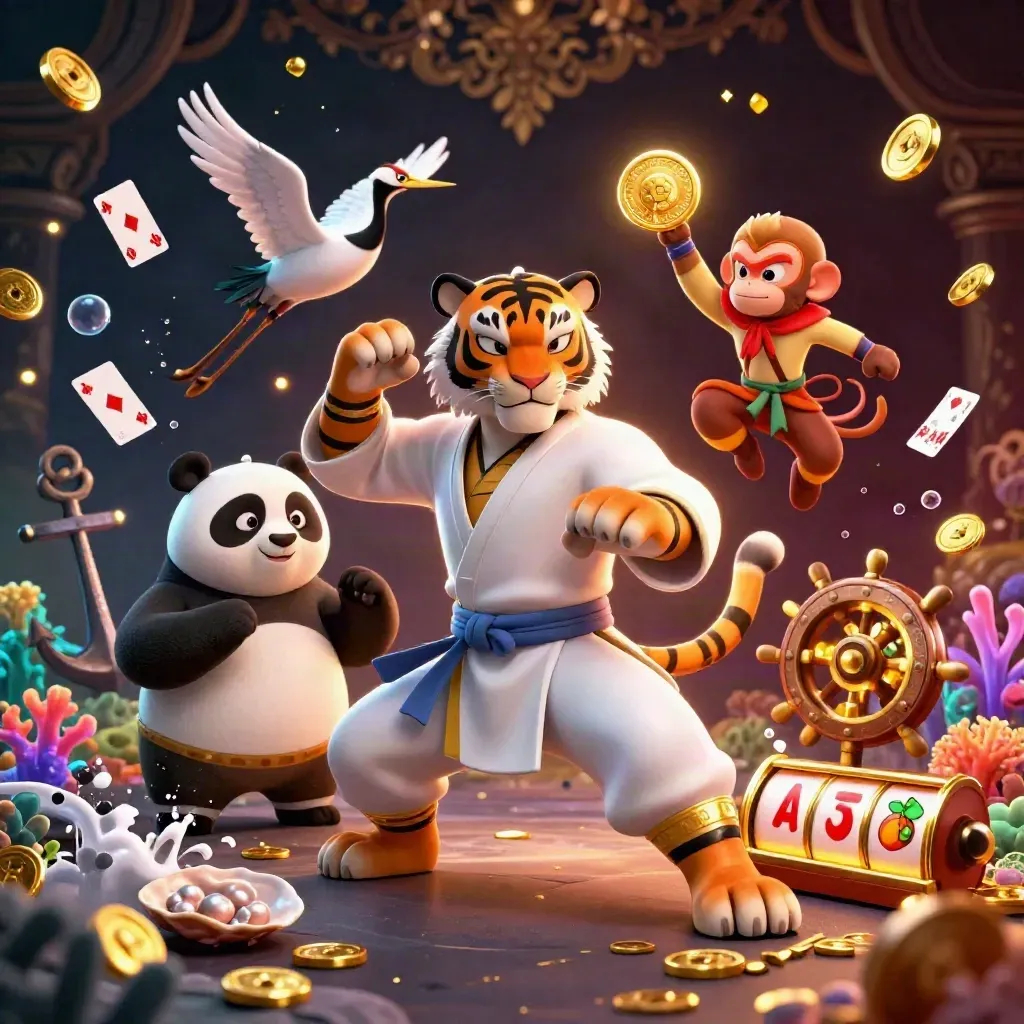 Kung-fu tiger, panda, and monkey amid casino treasure cove, coins, reels, and glowing gold