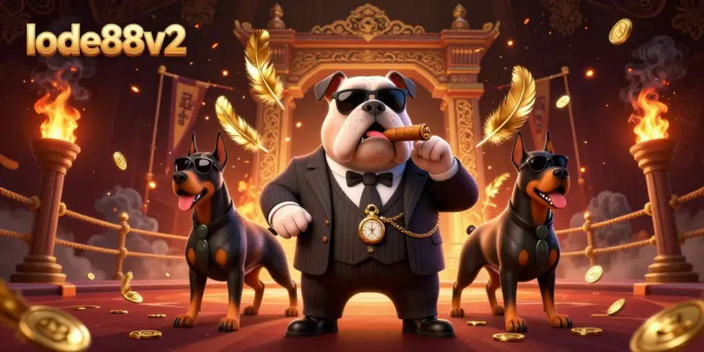 Experience thrilling gaming action with lode88v2's dynamic casino illustration of a mafia bulldog and bodyguards.