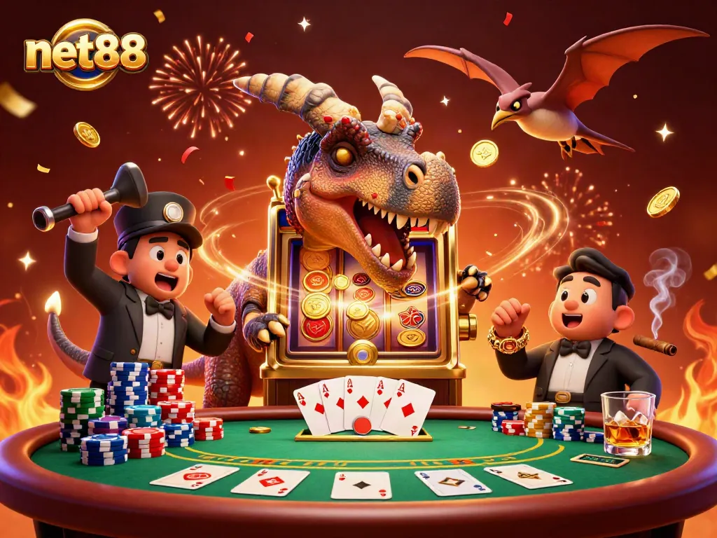 Experience thrilling jackpots with net88 as a pachycephalosaurus wins big at the casino, catching flying coins.