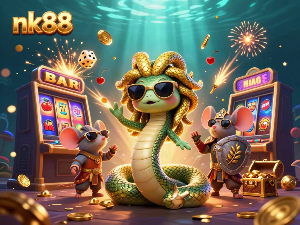Engage in thrilling nk88 casino gaming with Medusa and a warrior mouse amidst an exciting jackpot scene.