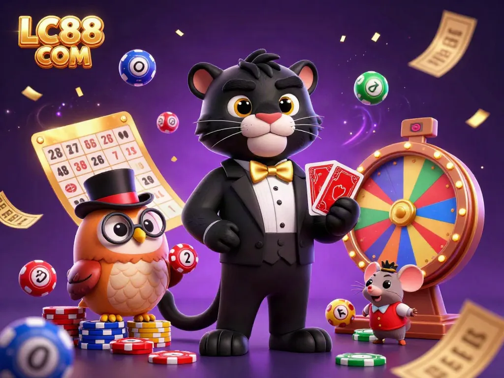 Celebrate with the stylish characters of LC88 COM as they deal cards at a dynamic casino scene filled with vibrant game elements.