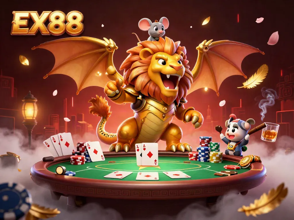 Experience the thrill of poker with EX88's vibrant casino scene depicting a roaring chimera and dynamic gaming action.