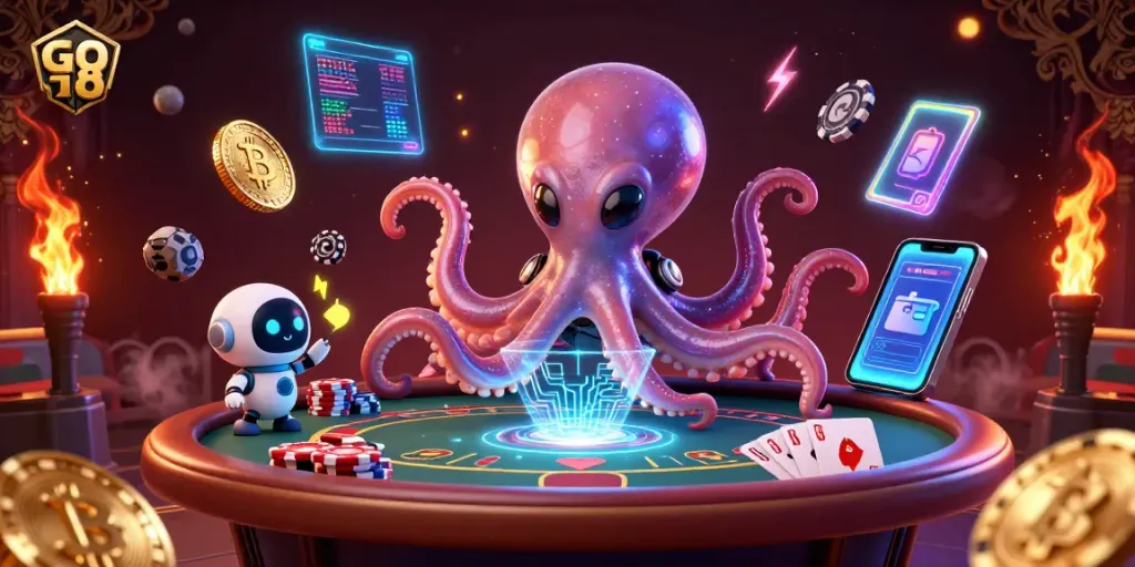 Experience the thrill of the casino with GO 8, featuring a vibrant 3D alien poker scene with futuristic elements.