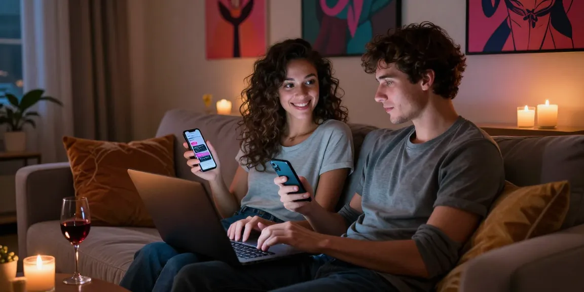 Couple enjoying AI sex chat in a stylish home setting.