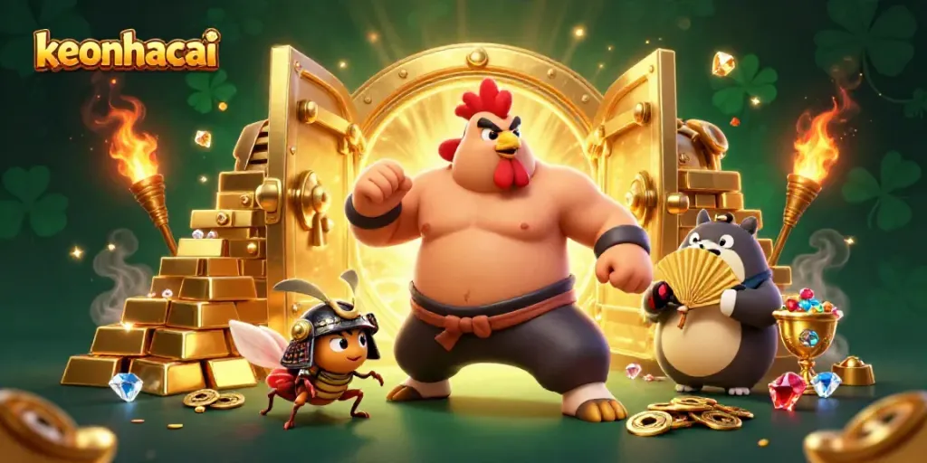Engage with keonhacai as the powerful sumo rooster stomps amidst a treasure vault of gold and jewels.