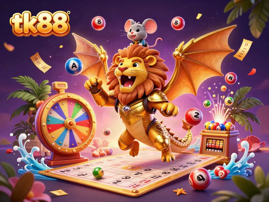 Engage with the tk88 carnival of chance, featuring a golden chimera and dynamic lottery balls.