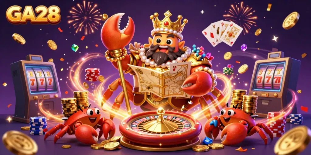 Experience thrilling gaming action at GA28 with the emperor crab surrounded by treasures and games.